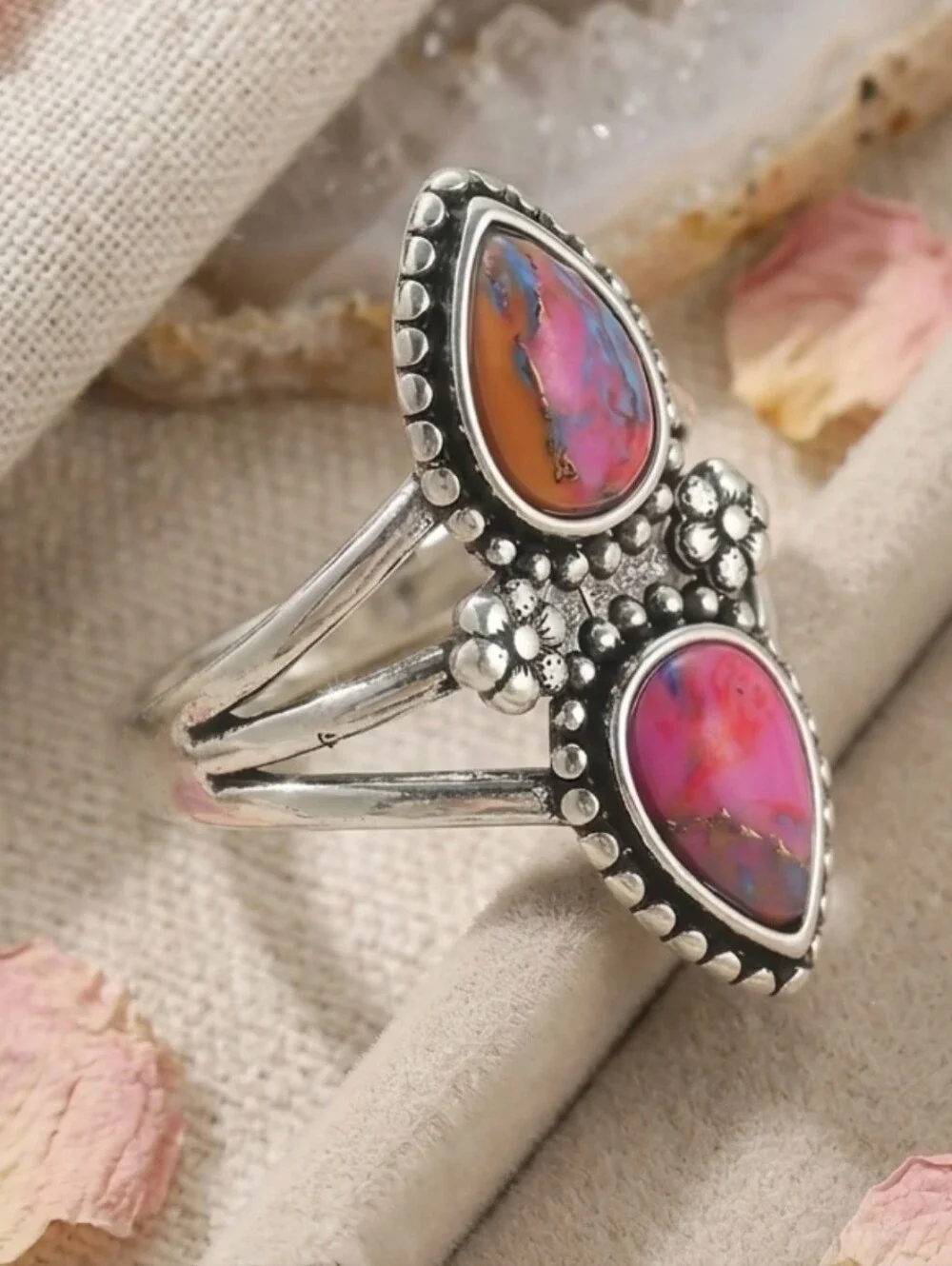 🩷 Boho Pink Spiny Oyster Turquoise Statement Ring Silver Plated Size 7